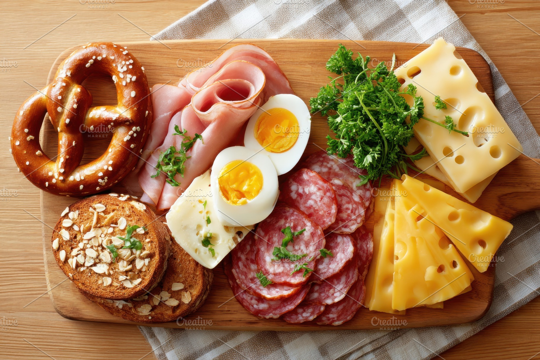 Delicious breakfast spread with pretzels and cheese, a Food & Drink Photo by AlyaAnd