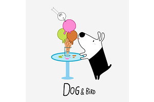 Dog & Bird eating Ice Cream