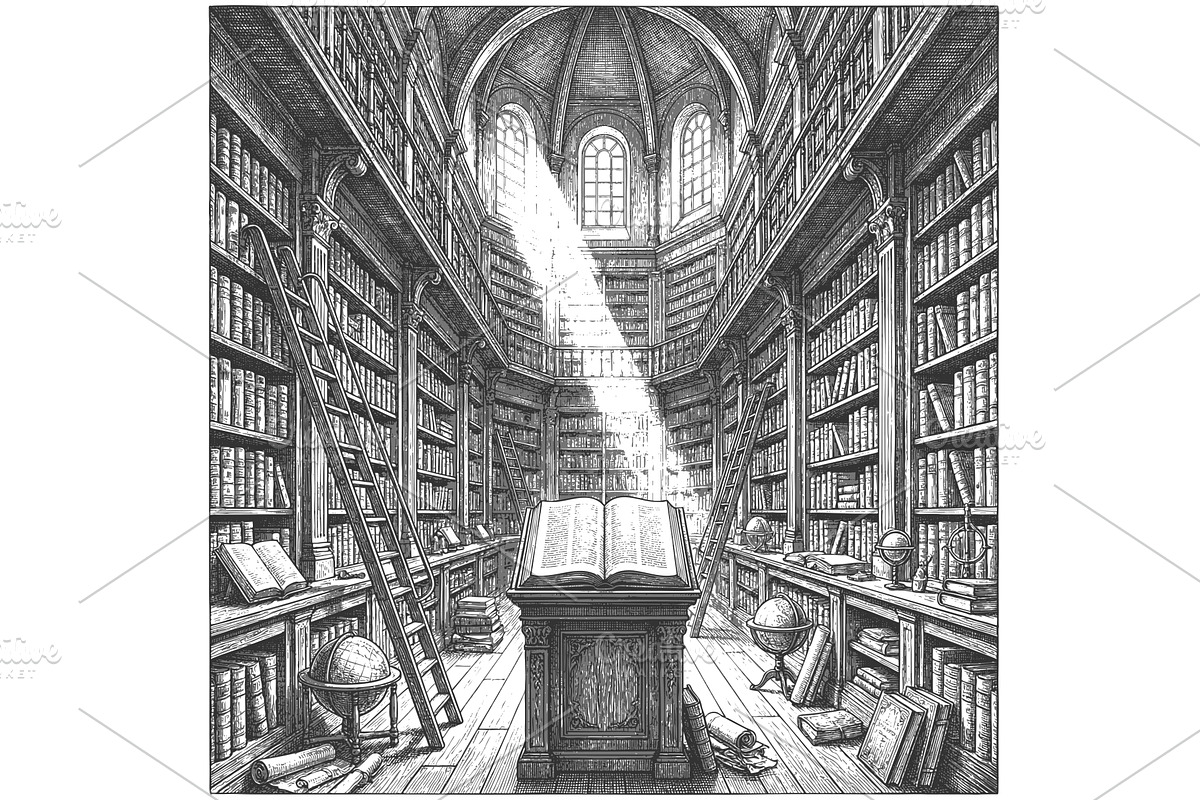 Grand vintage library filled with, an Education Illustration by AlexArt