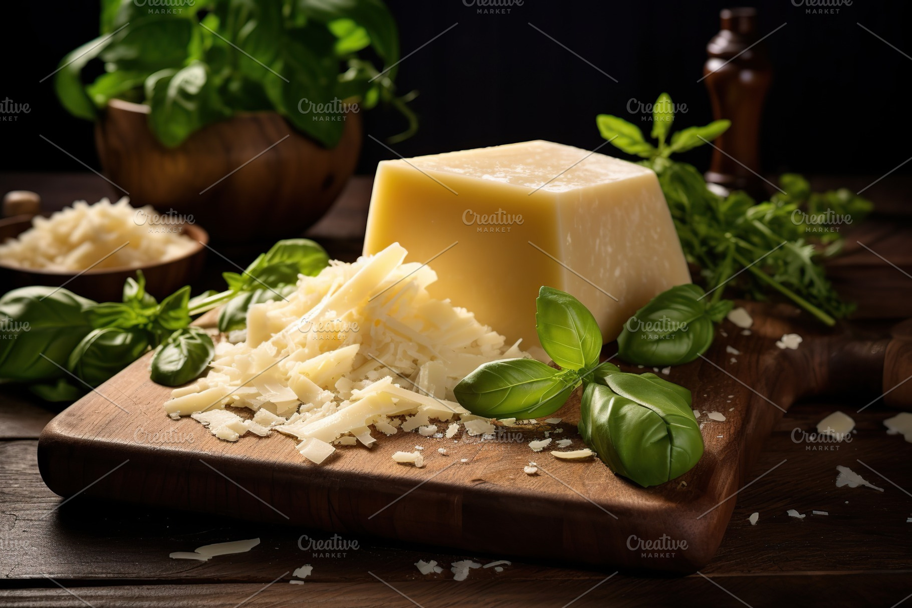 Piece of parmesan cheese on wooden background, a Food & Drink Photo by AlyaAnd