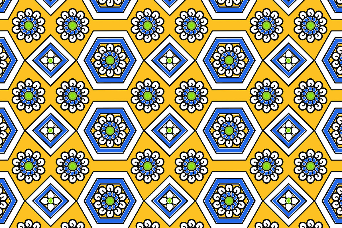 Blue and Yellow Floral Geometric Sea, a Pattern Graphic by Sharon Schwalbe (Photo 2 of 2)