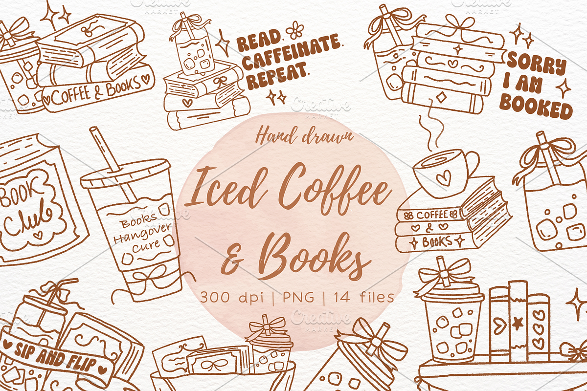 Hand Drawn Iced Coffee & Book doodle, an Object Illustration by RimzStudio (Photo 1 of 3)