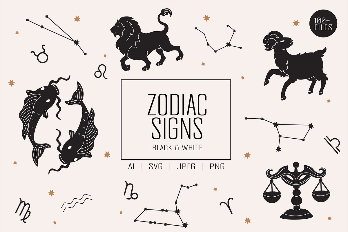 Black and White Zodiac Signs Vector, a Decorative Illustration by Vibérains (Photo 1 of 9)