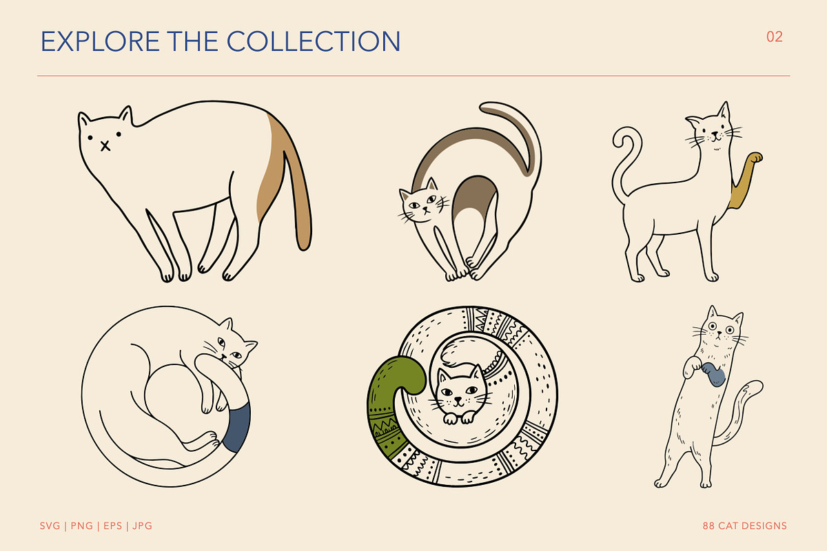 Whimsical Cats Hand Drawn Arts, an Animal Illustration by designvectx (Photo 3 of 7)