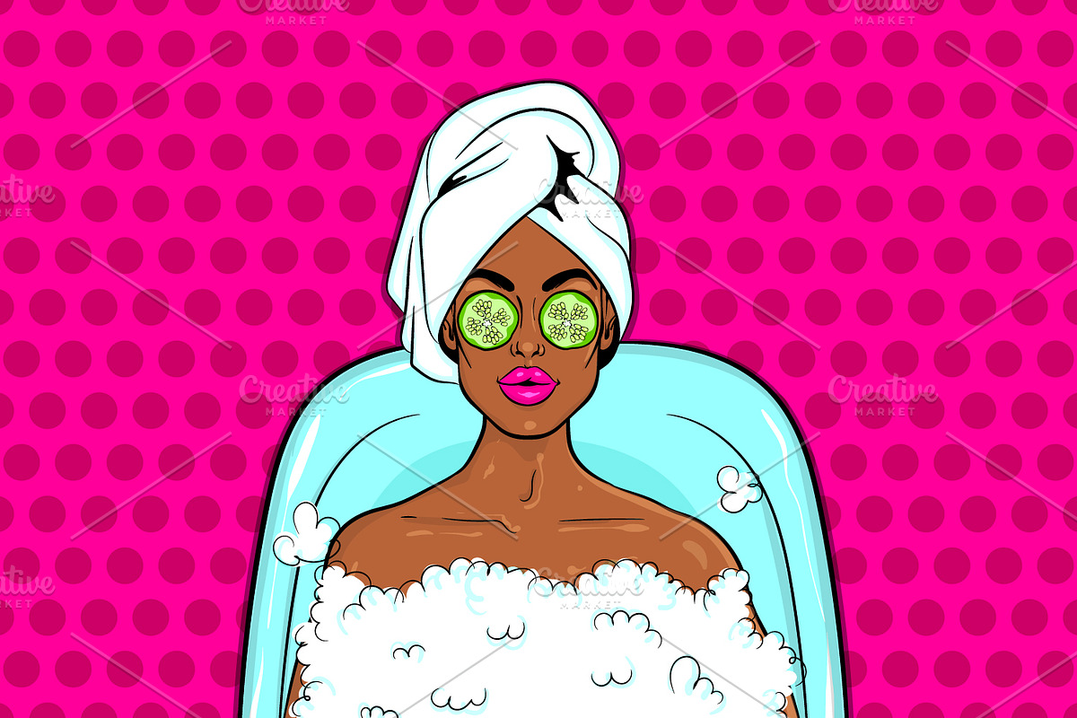 Black woman pop art relaxing in bath, an Illustration by Kapitosh