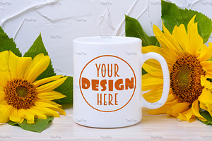 Coffee mug mockup with sunflowers