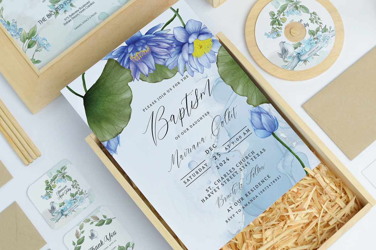 Blue Lotus Baptism Card Invitation, an Invitation Template by Squirrel92 (Photo 2 of 2)