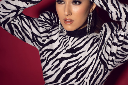 sexy young fashion model Asian woman is standing in a zebra striped dress in th, a Person Photo by SaulichPhoto