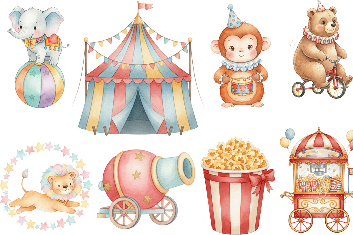Watercolor Cute Circus Clipart, an Illustration by Designking (Photo 5 of 5)