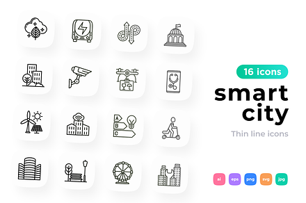 Smart City 16 Thin Line Icons Set