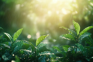 Sunlight streaming through lush green leaves in a vibrant forest, creating a se, a Nature Photo by Mashimara