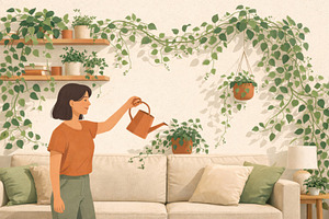 Woman watering indoor climbing house, a Photo by Dvoevnore photos