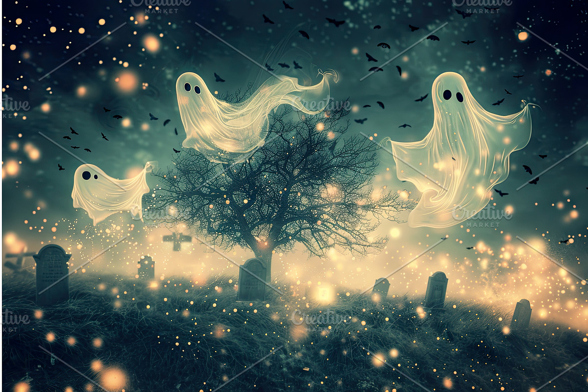 Spooky graveyard scene with flying, an Illustration by Lermont51