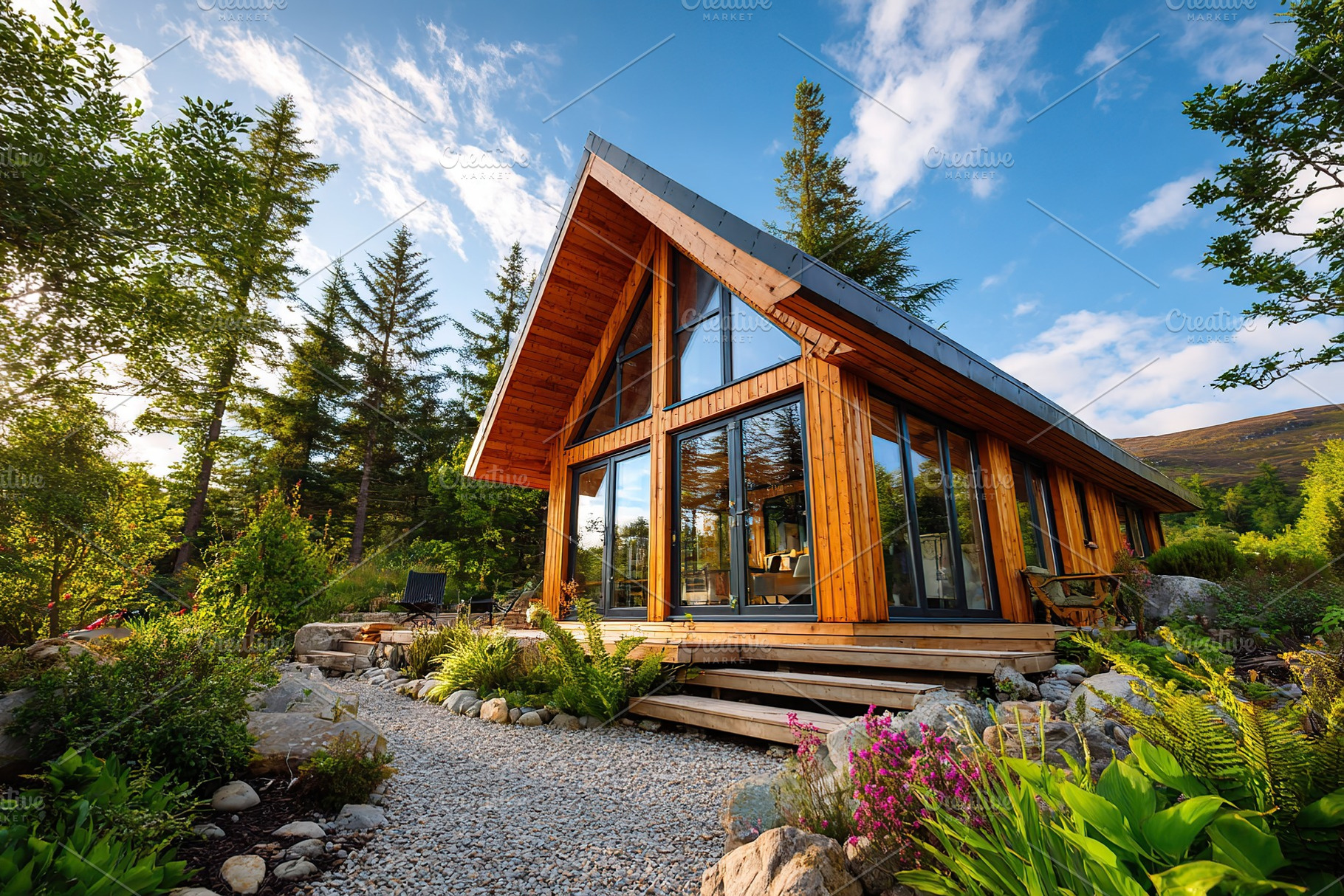 Modern cabin in a serene rural landscape under a clear blue sky with lush green, an Architecture Photo by AlyaAnd