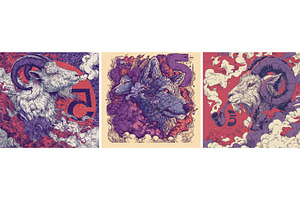Triptych goat ram wolf color ink, an Illustration by Onyx