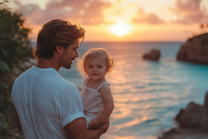 Father holds child as they enjoy a b, a Photo by Tanuart