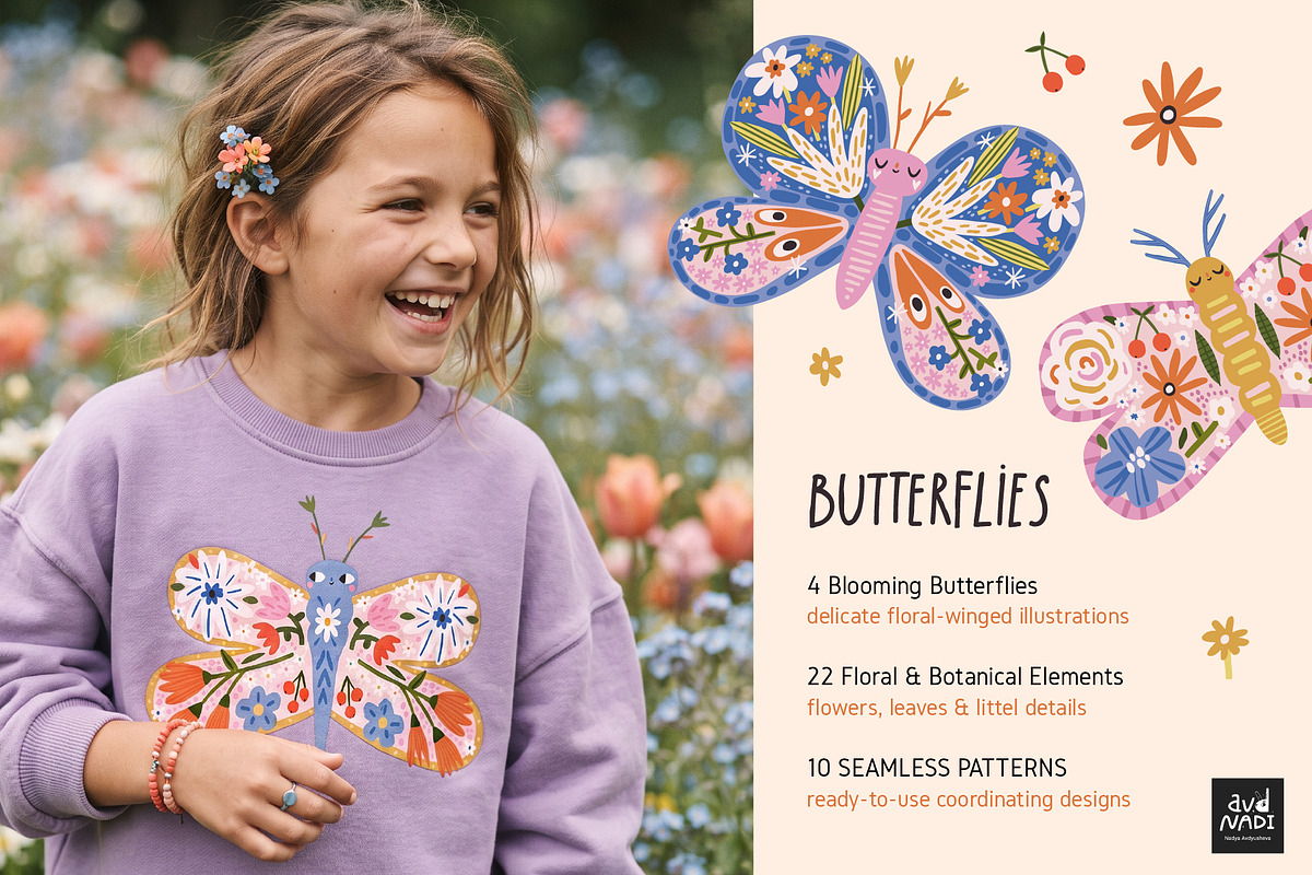 Floral Butterfly Clipart & Patterns, an Animal Illustration by avdnadi (Photo 2 of 9)