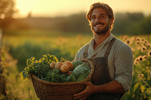 A smiling farmer holding a basket filled with fresh vegetables in a sunlit fiel, a Person Photo by Textures & Backgrounds