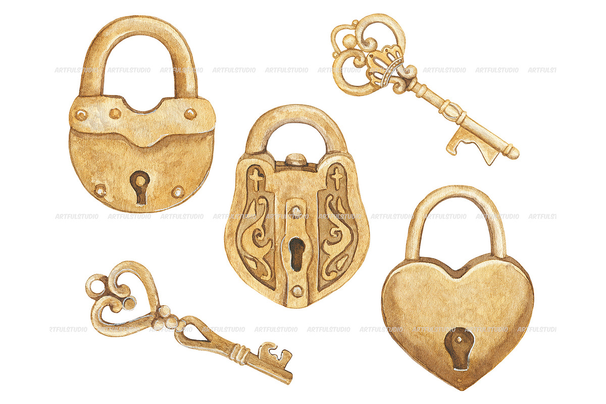 Watercolor vintage Keys and locks, an Object Illustration by ArtfulStudio (Photo 6 of 9)