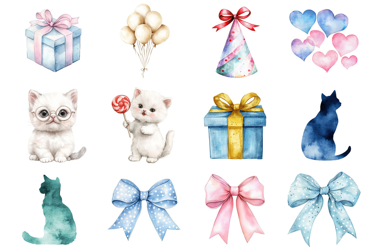 Watercolor Cats Birthday Clipart, a Seasonal Illustration by CitraGraphics (Photo 3 of 7)
