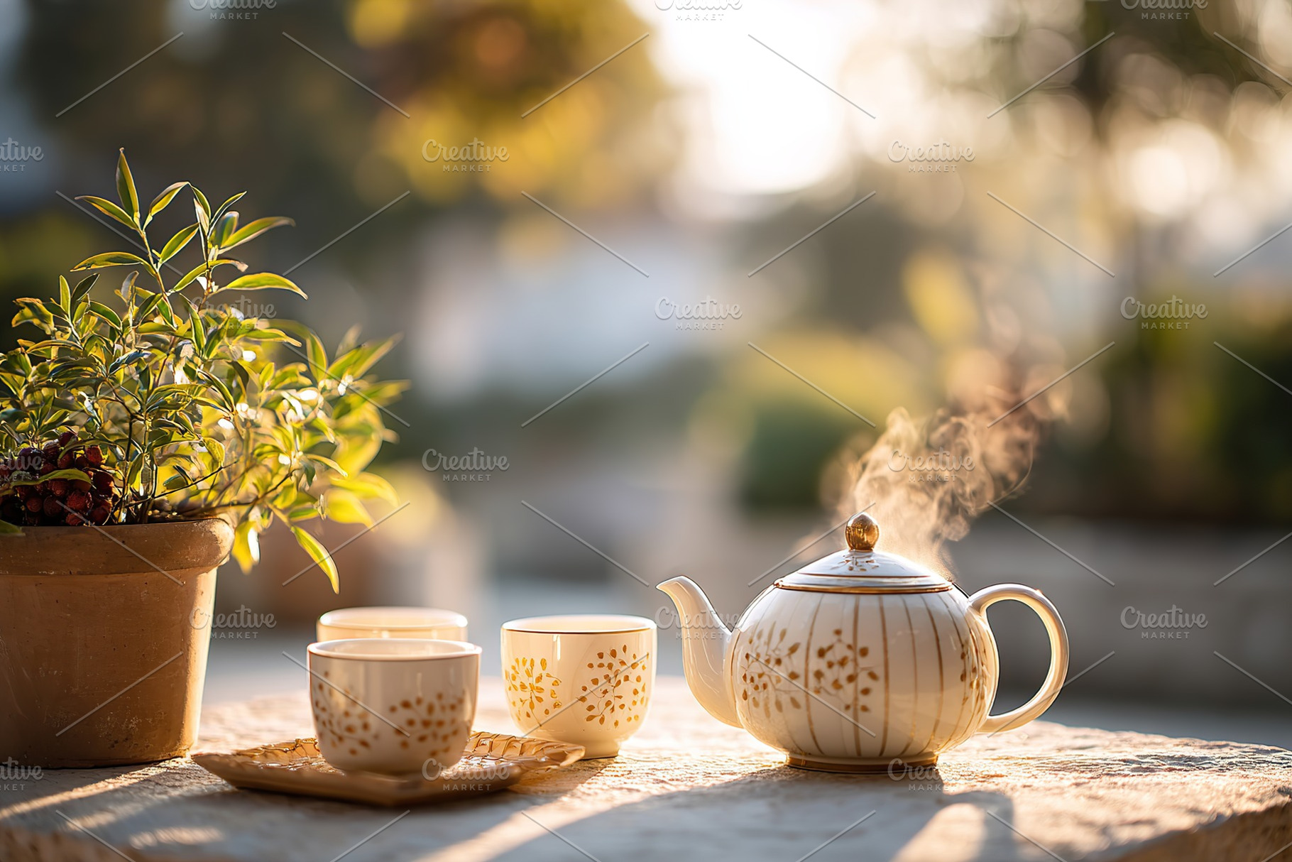 Tea ritual in a vintage garden setting with steaming cups and warm sunlight, a Food & Drink Photo by AlyaAnd
