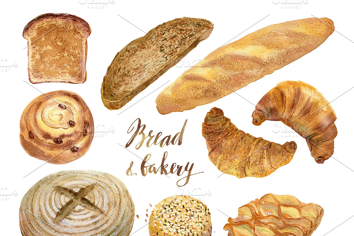 Watercolor bakery, bread collection, an Object Graphic by Natasha Koltsova (Photo 1 of 2)