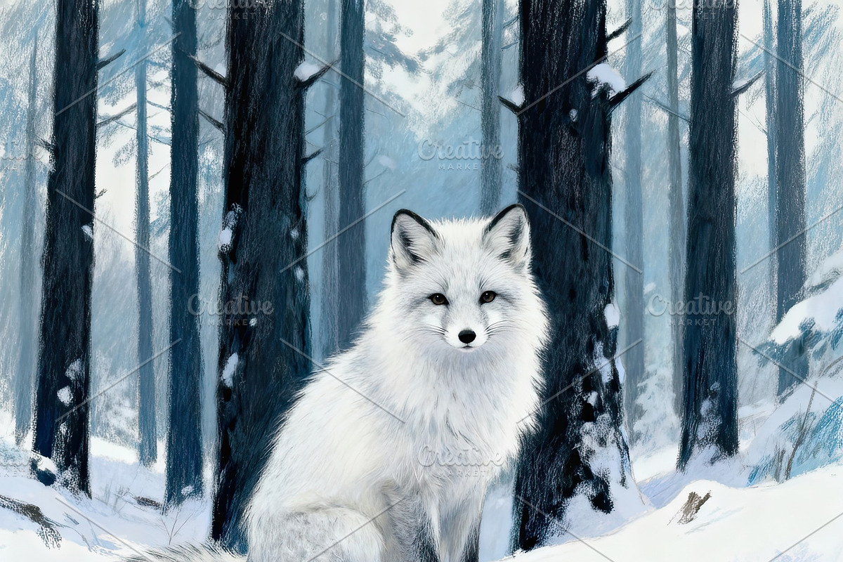 Majestic White Fox in Snowy Forest, an Animal Illustration by Virgo Studio