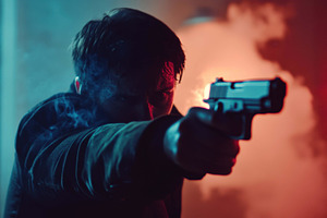 Man in dark clothing aims firearm, s, a Photo by Tanuart