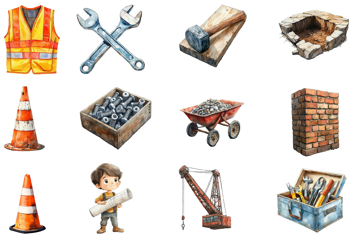Cute Construction Watercolor Clipart, an Illustration by Designworld (Photo 2 of 6)