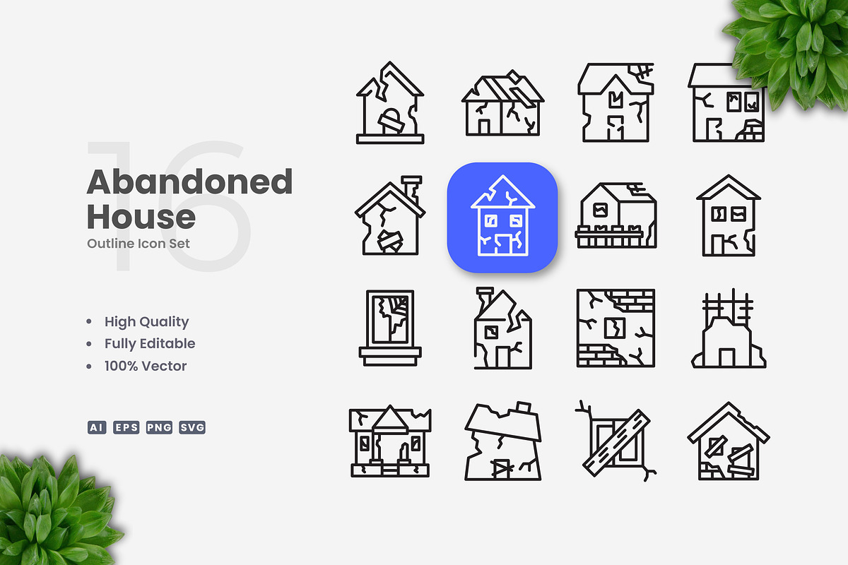 Abandoned House Outline Icons, an Outline Icon by Upnowgraphic