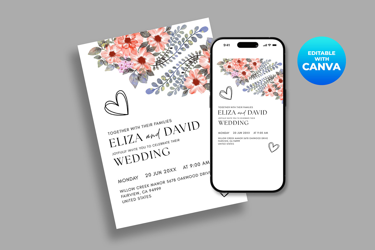 Watercolor Floral Wedding Invitation, an Invitation Template by M9 Design (Photo 3 of 5)