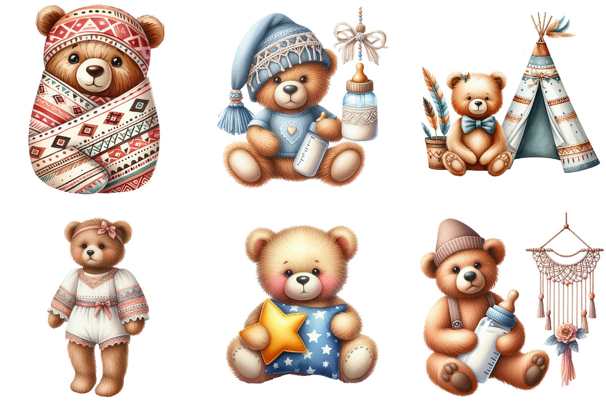 Nursery Teddy Bear Clipart,Boho, an Illustration by DreamArtGraphic (Photo 3 of 7)