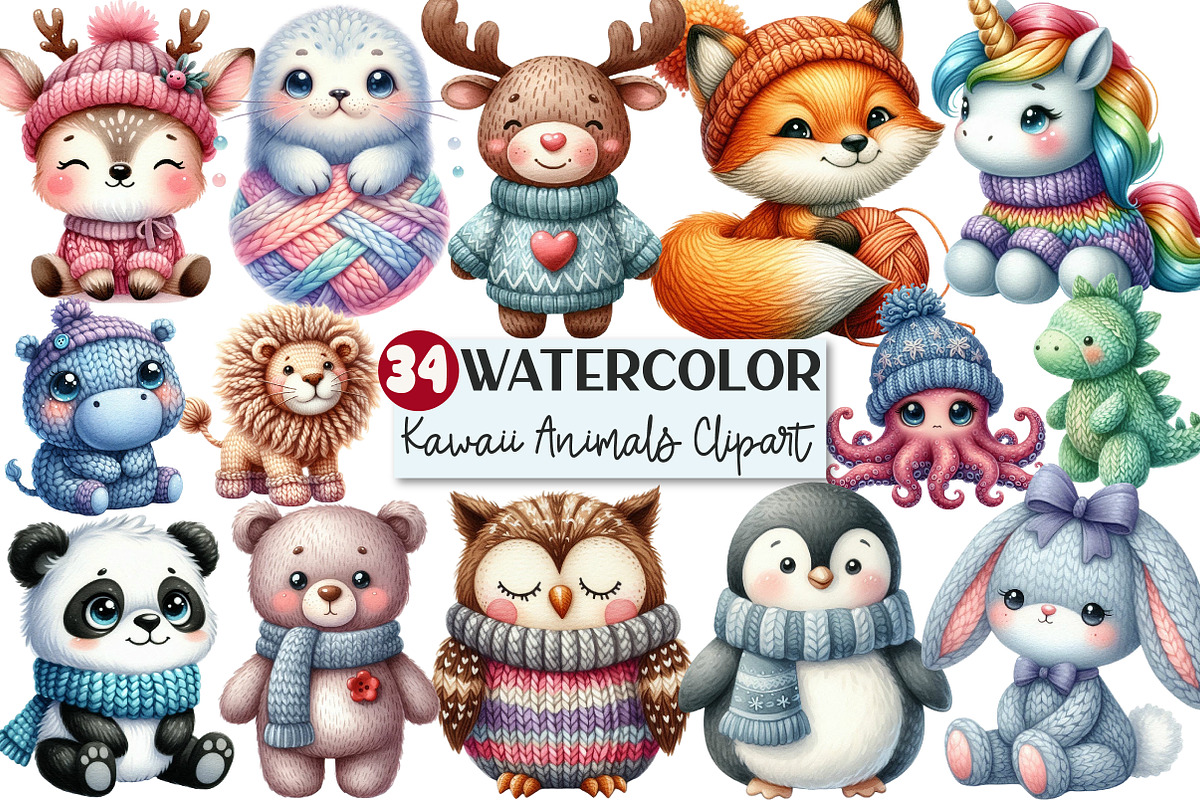 Kawaii Knitted Animals Clipart, an Illustration by Rose Art (Photo 1 of 7)