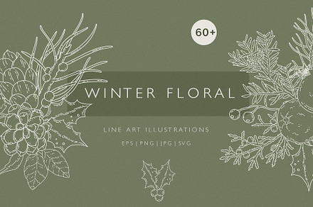 WINTER FLORAL Christmas line art set, a Decorative Illustration by Madiwaso