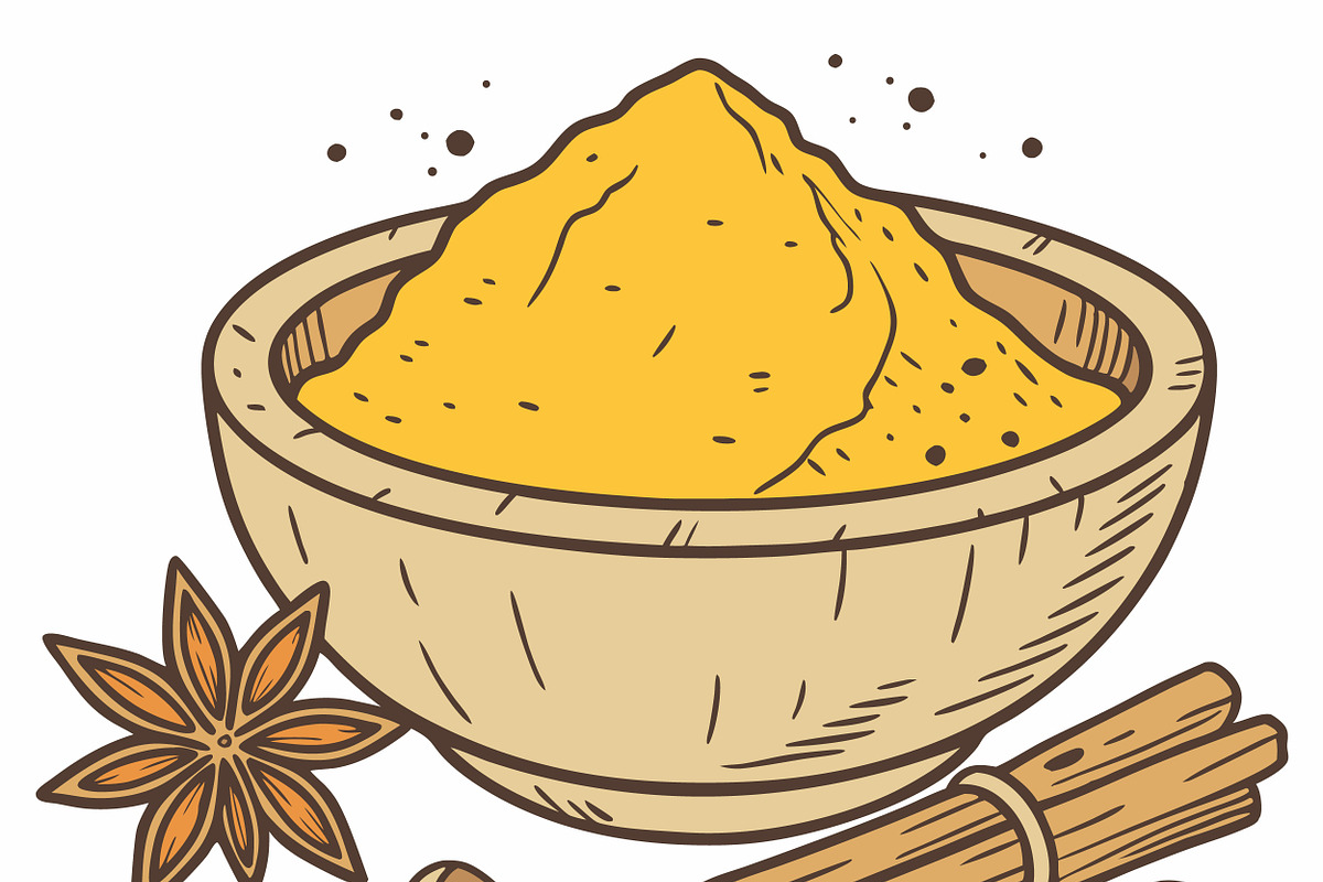 Wooden bowl filled vibrant turmeric, a Food Illustration by SouravDesign (Photo 2 of 3)