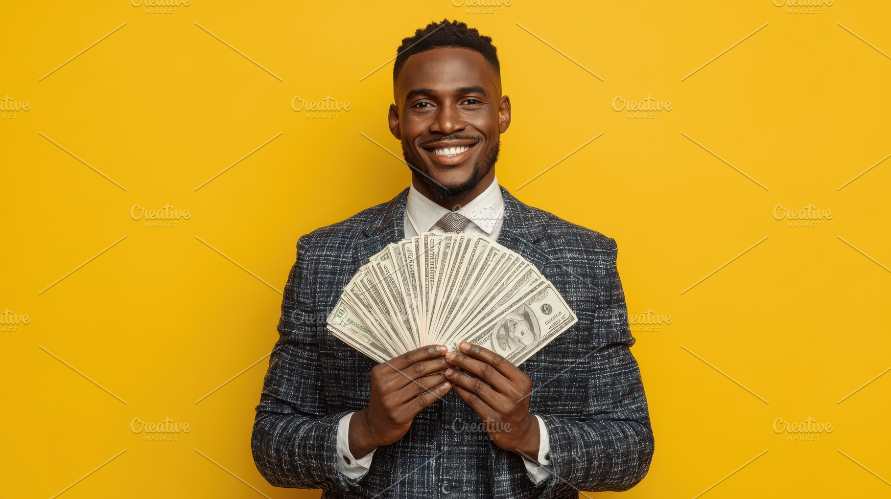 Happy businessman holding fan of cas, a Photo by Pixeness Studio