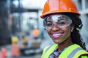 A female construction worker in PPE, a Photo by Pavel_design