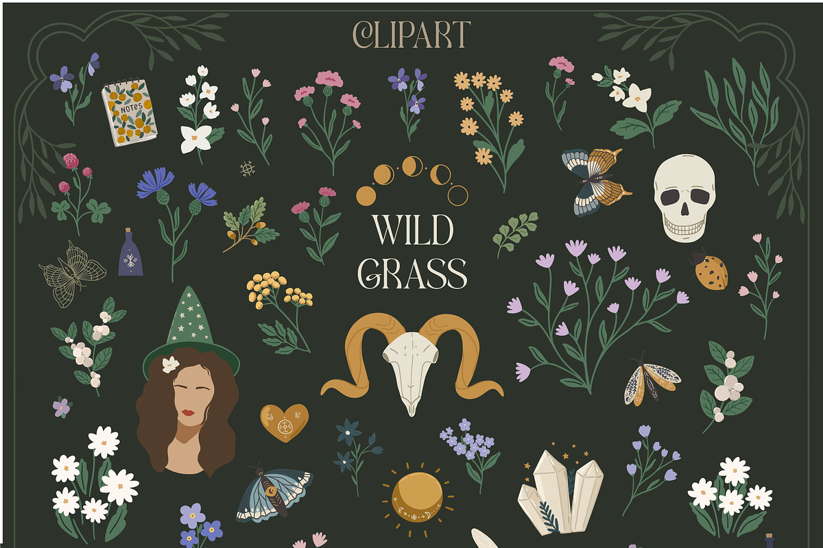 Wild Grass Mystic pattern&clipart, a Background Graphic by Cozy pattern shop (Photo 7 of 12)