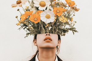 Woman with floral headpiece in styli, a Photo by Dvoevnore photos