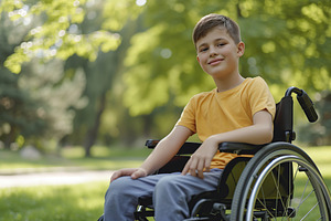Disabled little boy sitting in wheelchair in the park, a Photo by AlyaAnd