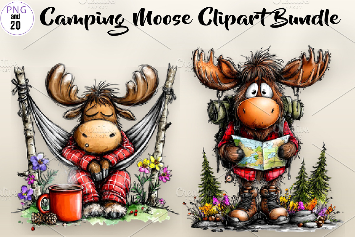 Camping Moose Clipart Bundle, a Seasonal Illustration by CreationArt (Photo 1 of 7)