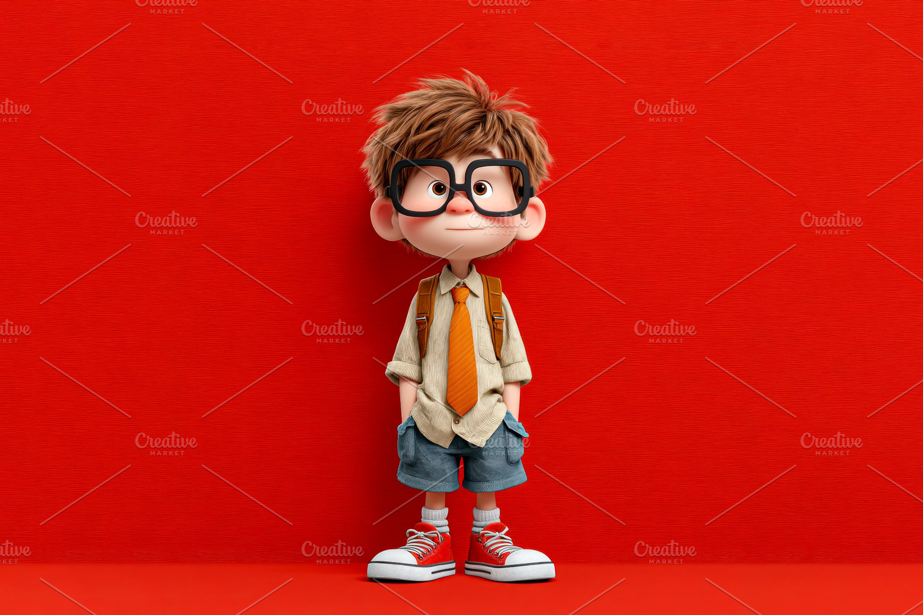 Cartoon boy with glasses, orange tie, and hands in pockets stand, a Person Photo by José Manuel Gelpi