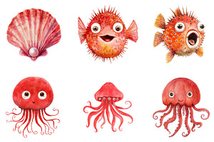 Red Ocean Animals Clipart, an Illustration by DreamArtGraphic