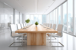 Modern boardroom with empty chairs around a large wooden table and city view, a Business Photo by AlyaAnd