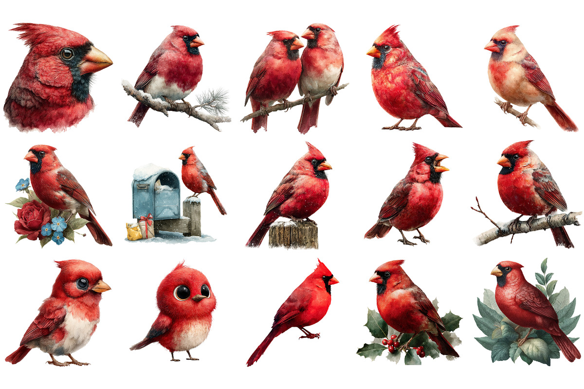 Watercolor Red Cardinal Bird Clipart, an Illustration by Craft Nest (Photo 2 of 4)