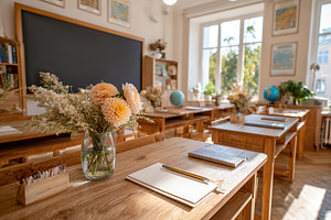 Brightly lit classroom with fresh flowers and organized desks in a welcoming en, a Photo by AlyaAnd