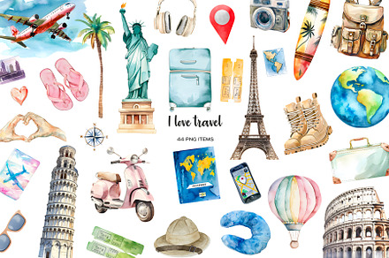 Watercolor travel clipart 44 PNG, an Object Illustration by Art and Funny