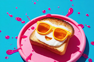 Toast with sunglasses emoji and playful face on a bright pink plate against a b, a Food & Drink Photo by AlyaAnd