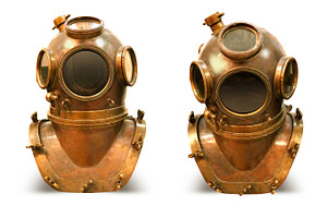 Copper old deeps sea diving suit containing deep, helmet, and sea