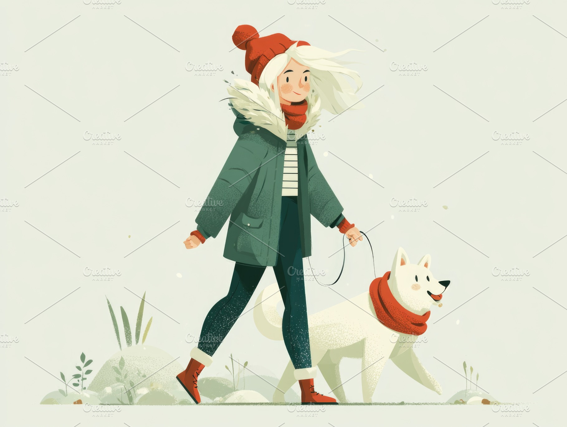 Woman walking white dog in winter outdoor lifestyle illustration, a Person Photo by José Manuel Gelpi